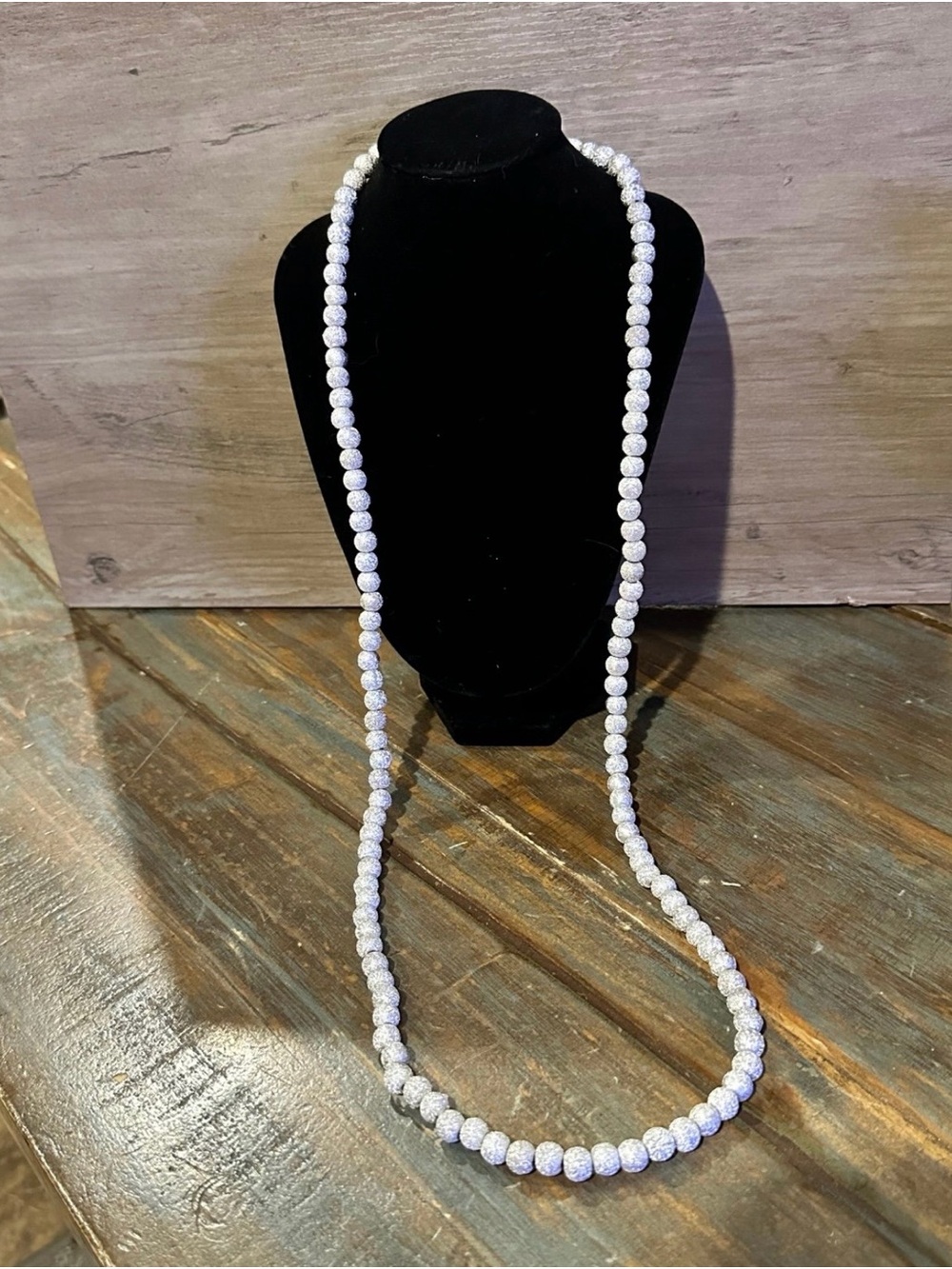 White Frosted Crackle Bead Necklace Long Strand Statement